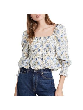 En Saison Floral Chiffon Puff Sleeve Smocked Top Blouse
